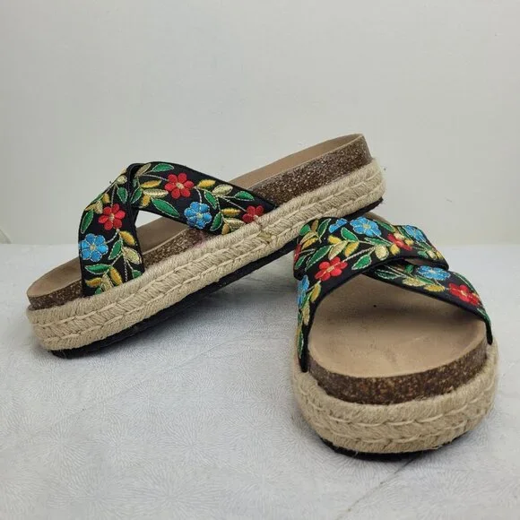 Pierre Dumas embroidered flowers platform black espadrille sandals vacation 10 - Picture 3 of 14